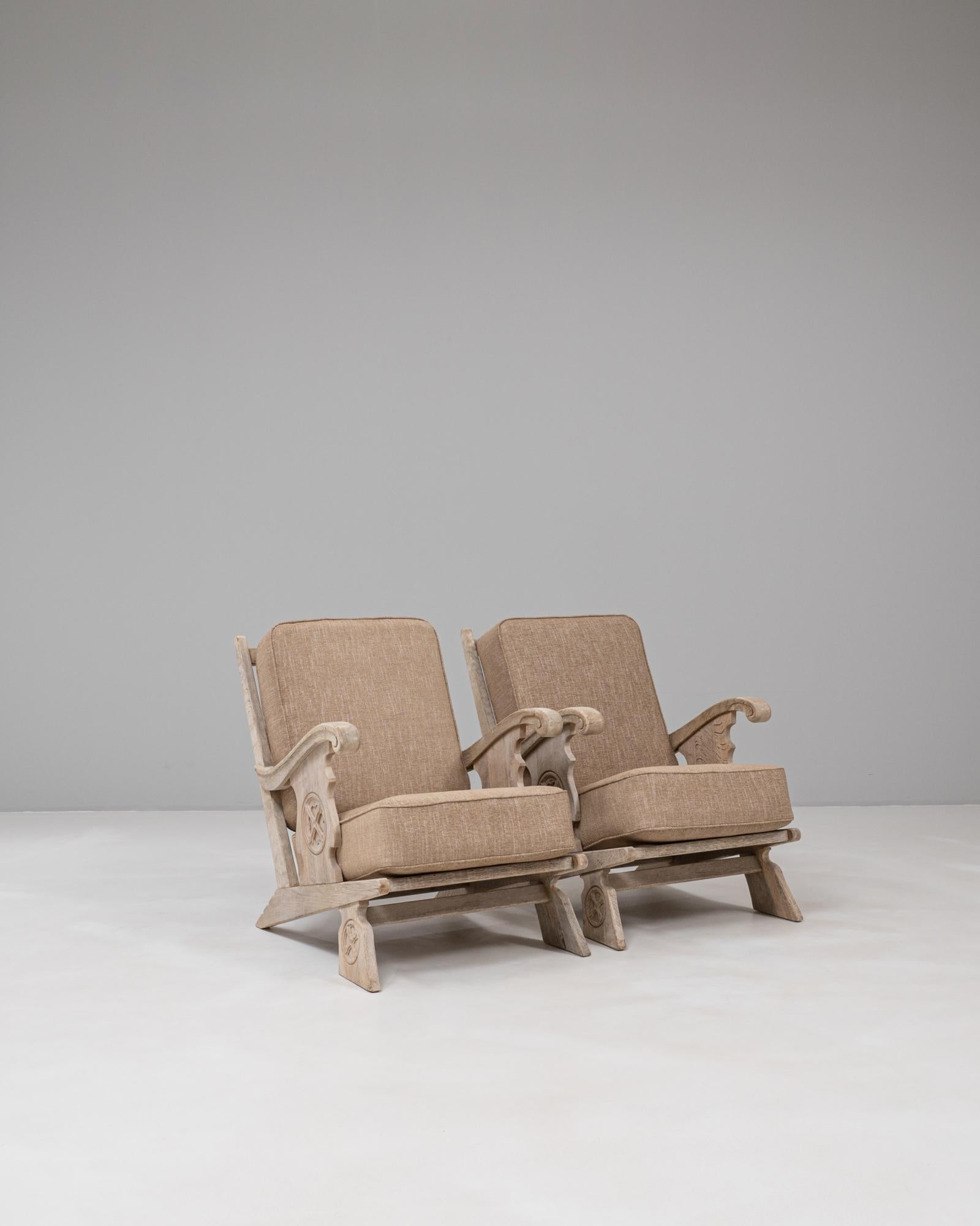 Pair Of 20th Century French Oak Armchairs With Upholstered Seats And Backs For Sale 11