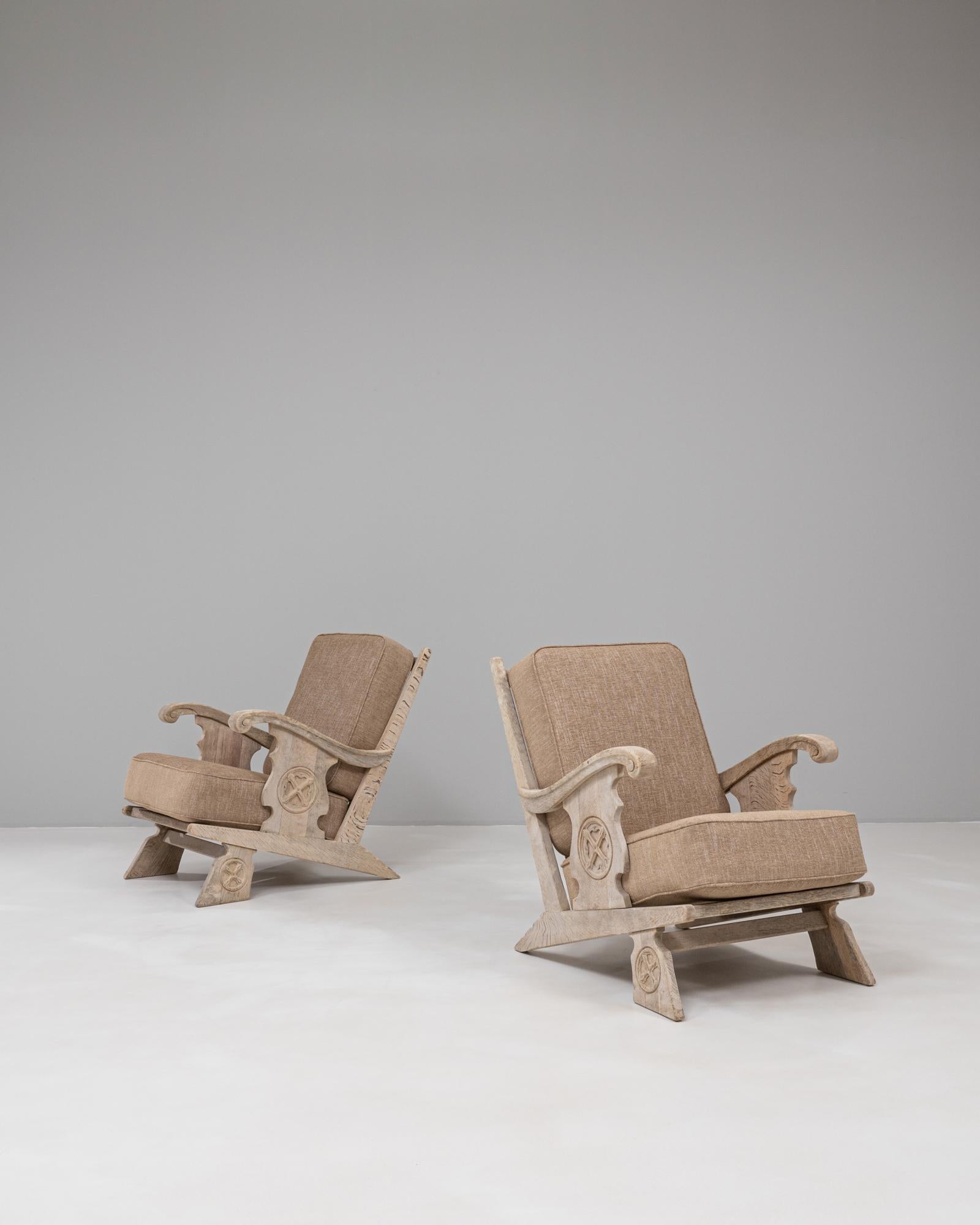 Pair Of 20th Century French Oak Armchairs With Upholstered Seats And Backs For Sale 1