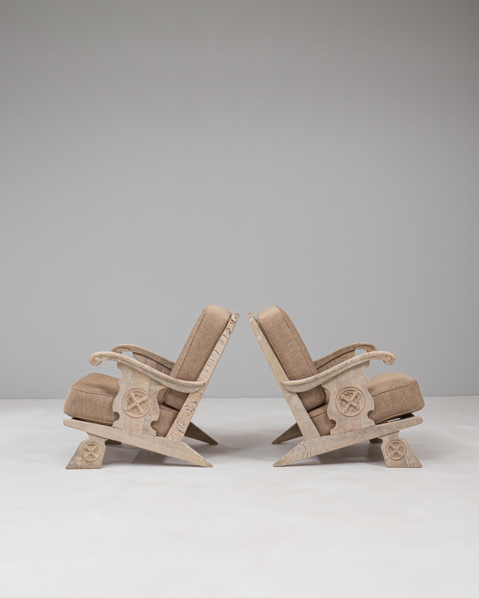 Pair Of 20th Century French Oak Armchairs With Upholstered Seats And Backs For Sale 3