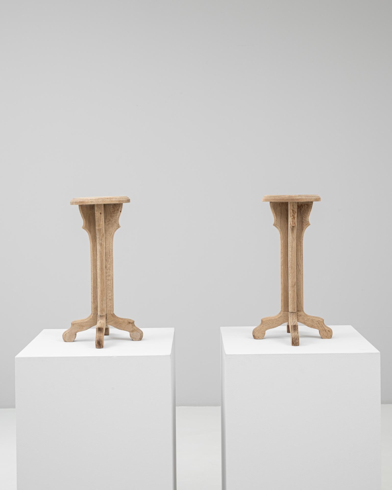Questa coppia di piedistalli in rovere francese del XX secolo è caratterizzata da un'affascinante semplicità artigianale che affonda le sue radici nel design tradizionale francese. Ogni piedistallo è realizzato in rovere massiccio con una patina