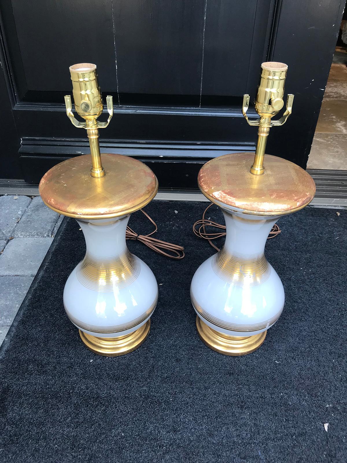 Pair of 20th Century French Opaline Glass Lamps on Custom Bases For Sale 8