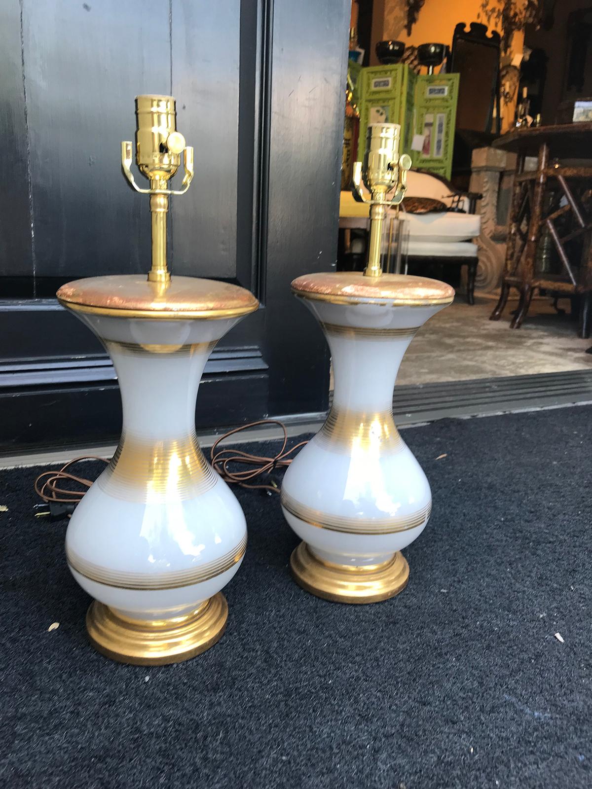 Pair of 20th Century French Opaline Glass Lamps on Custom Bases In Good Condition For Sale In Atlanta, GA