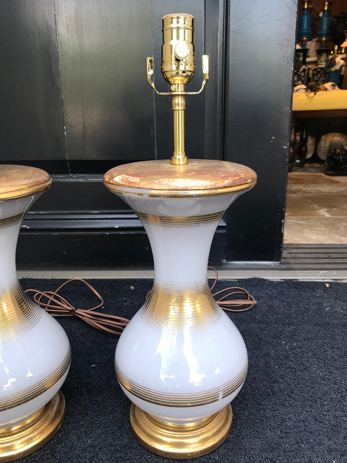 Pair of 20th Century French Opaline Glass Lamps on Custom Bases For Sale 1