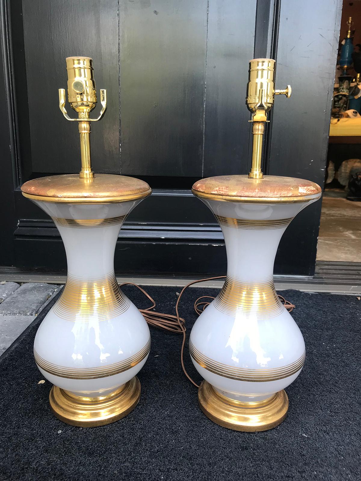 Pair of 20th Century French Opaline Glass Lamps on Custom Bases For Sale 5