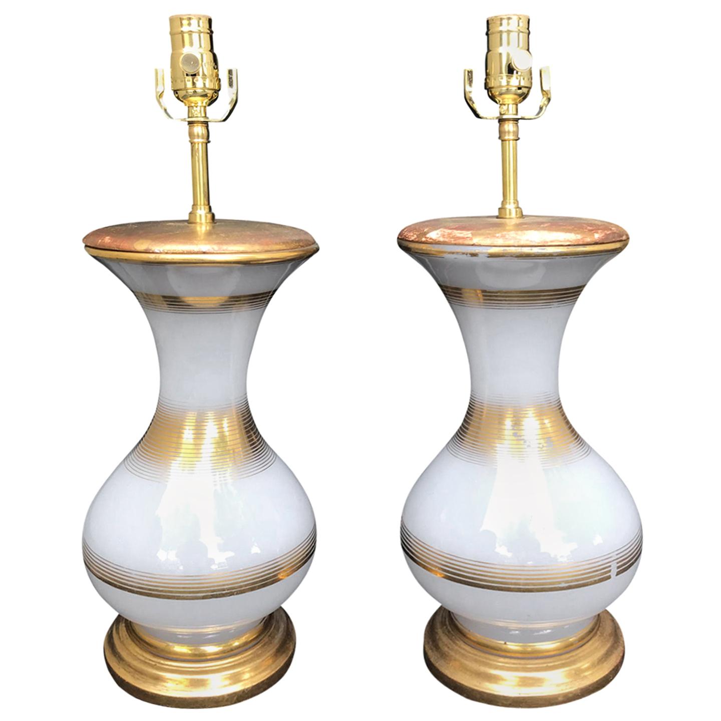 Pair of 20th Century French Opaline Glass Lamps on Custom Bases For Sale