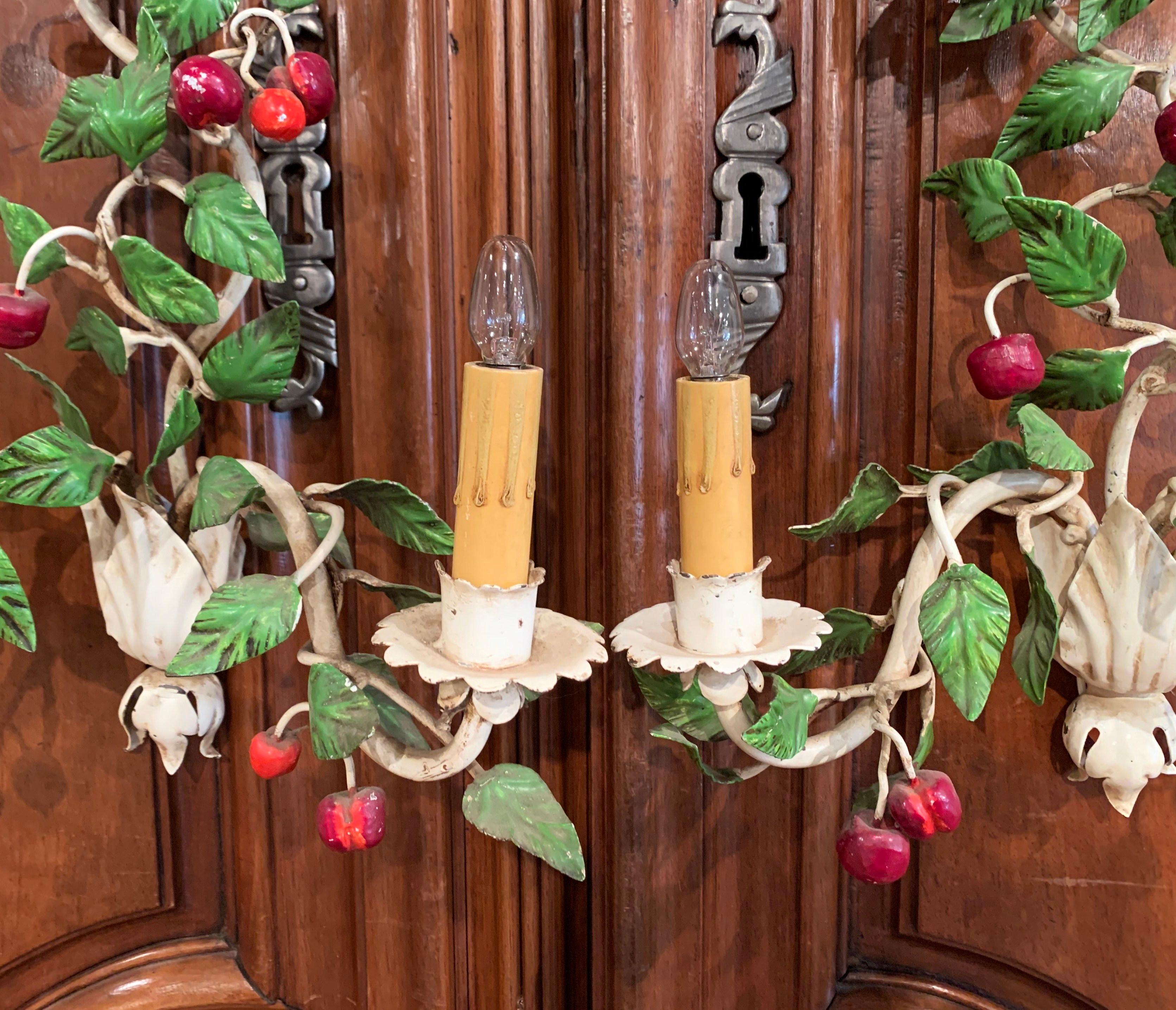 Pair of 20th Century French Painted Metal Sconces with Fruit and Leaf Decor 2