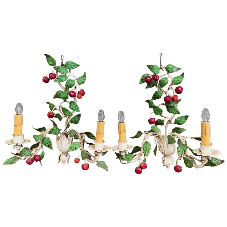 Pair of 20th Century French Painted Metal Sconces with Fruit and Leaf Decor