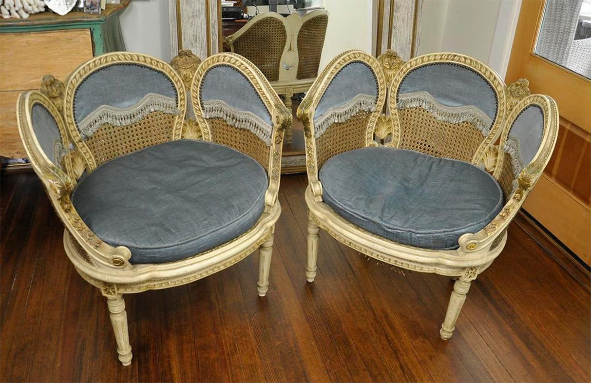 Pair of 20th Century French Petal Chairs with Cane and Blue Velvet Fabric For Sale 7