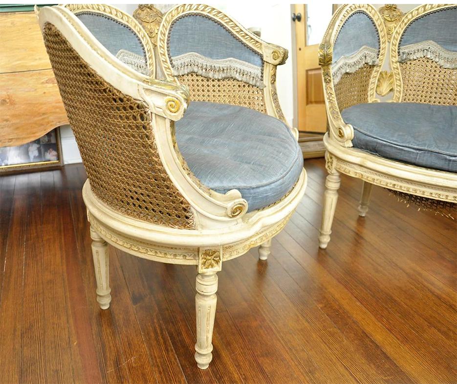 Pair of 20th Century French Petal Chairs with Cane and Blue Velvet Fabric In Good Condition For Sale In Livingston, NJ