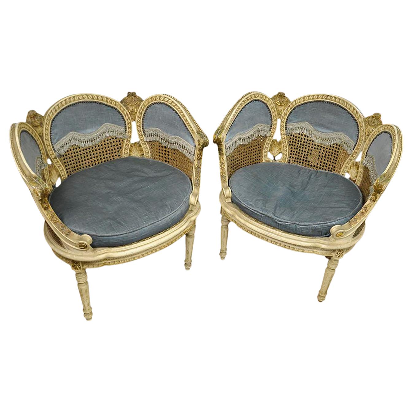 Pair of 20th Century French Petal Chairs with Cane and Blue Velvet Fabric For Sale