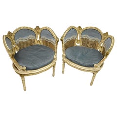 Pair of 20th Century French Petal Chairs with Cane and Blue Velvet Fabric