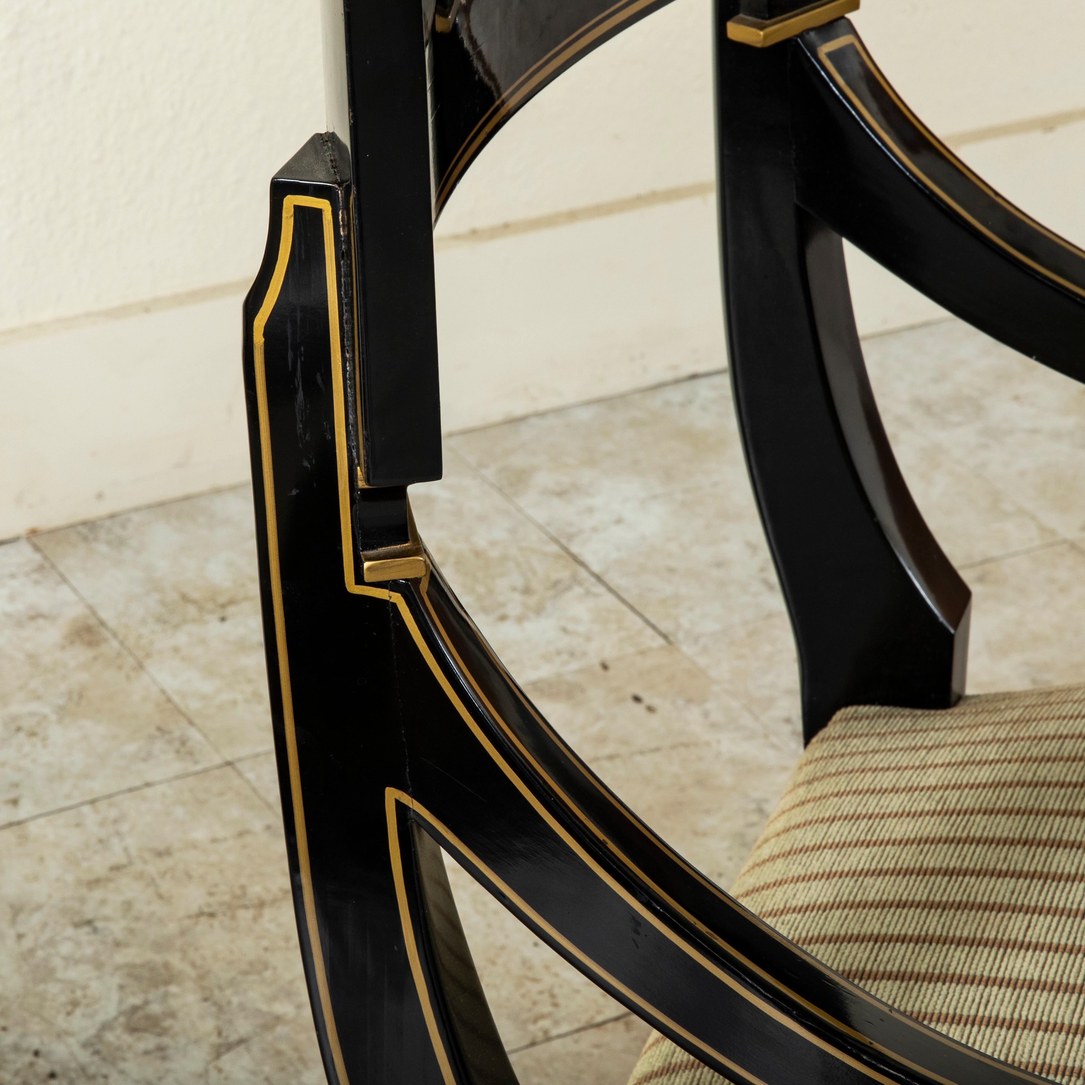 Pair of 20th Century French Restauration Style Painted Black and Gold Armchairs 7