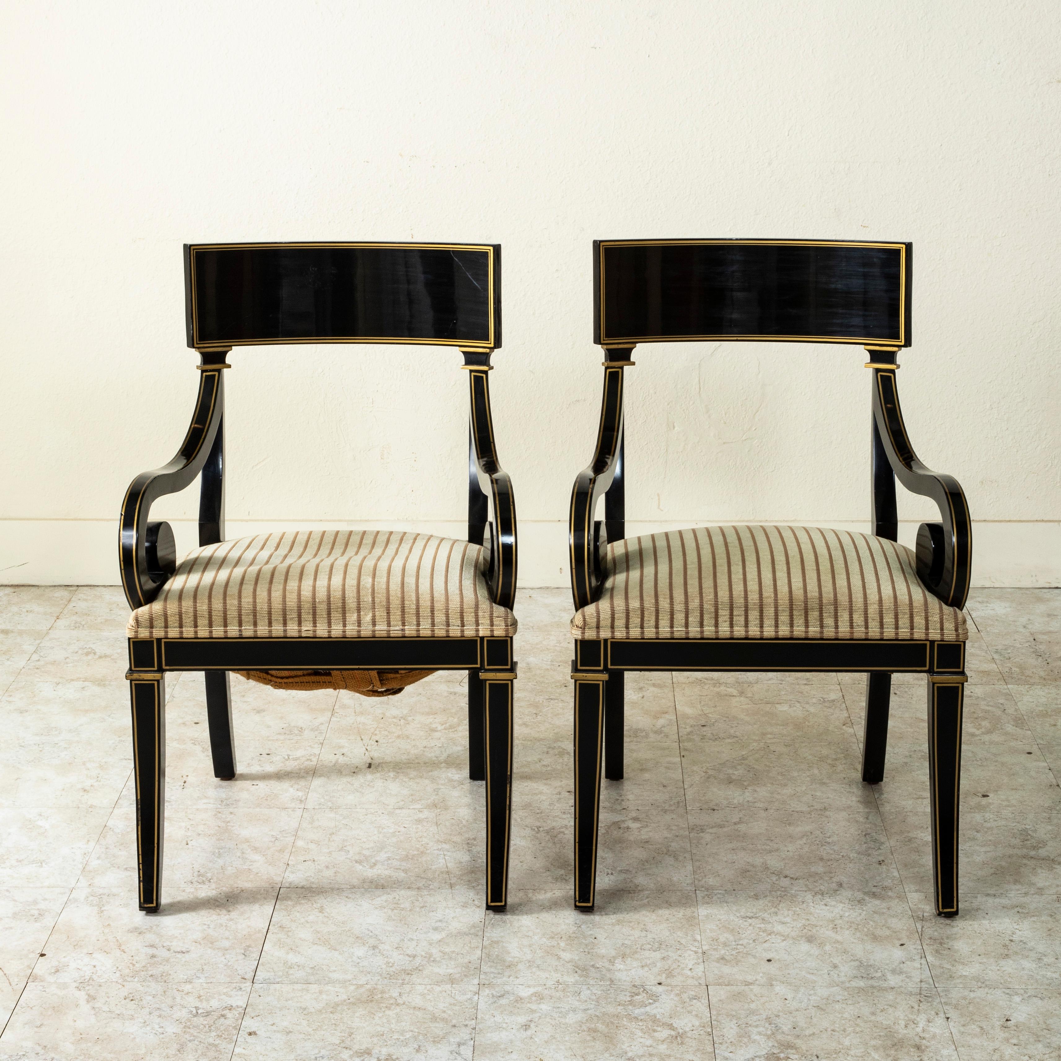 Lacquered Pair of 20th Century French Restauration Style Painted Black and Gold Armchairs