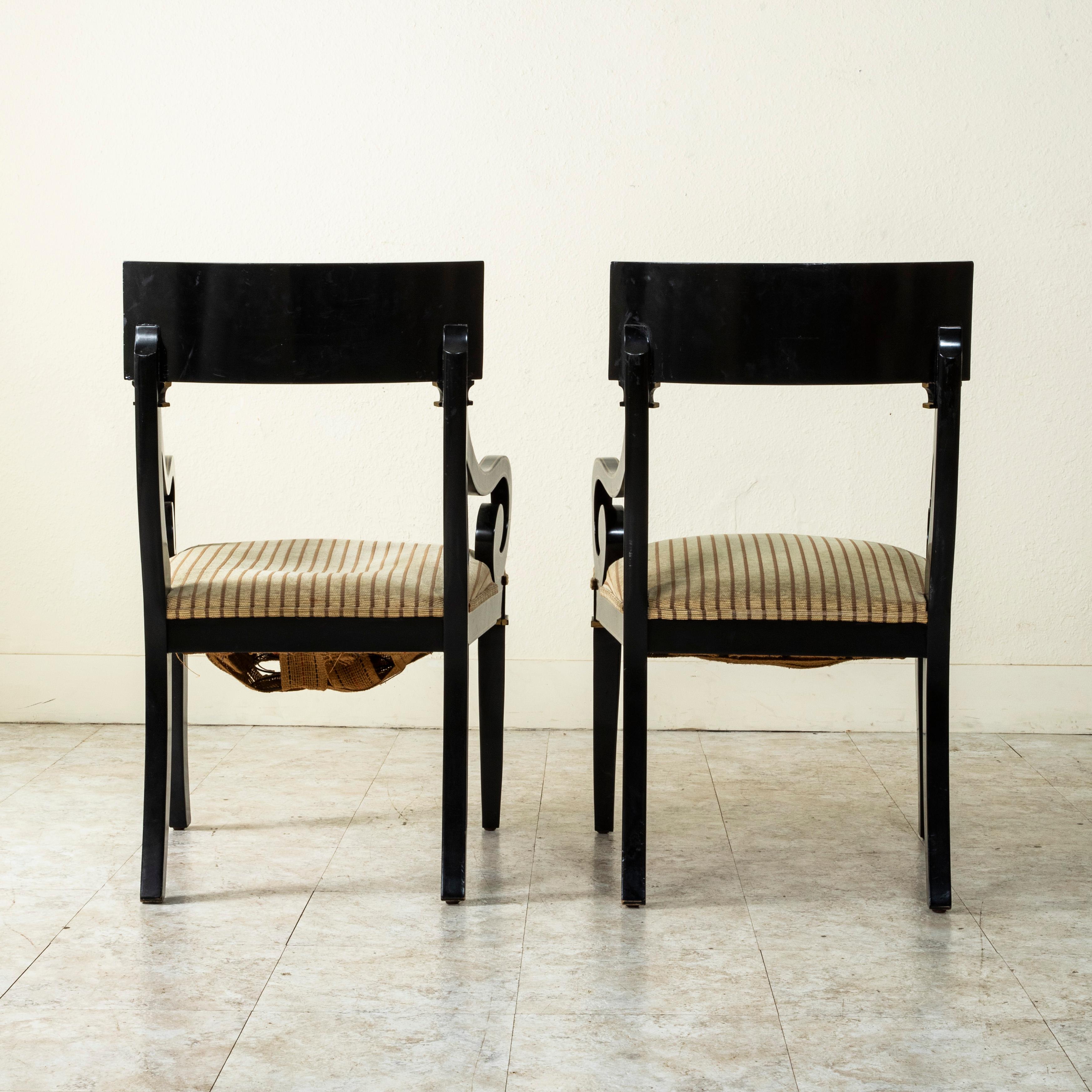 Beech Pair of 20th Century French Restauration Style Painted Black and Gold Armchairs