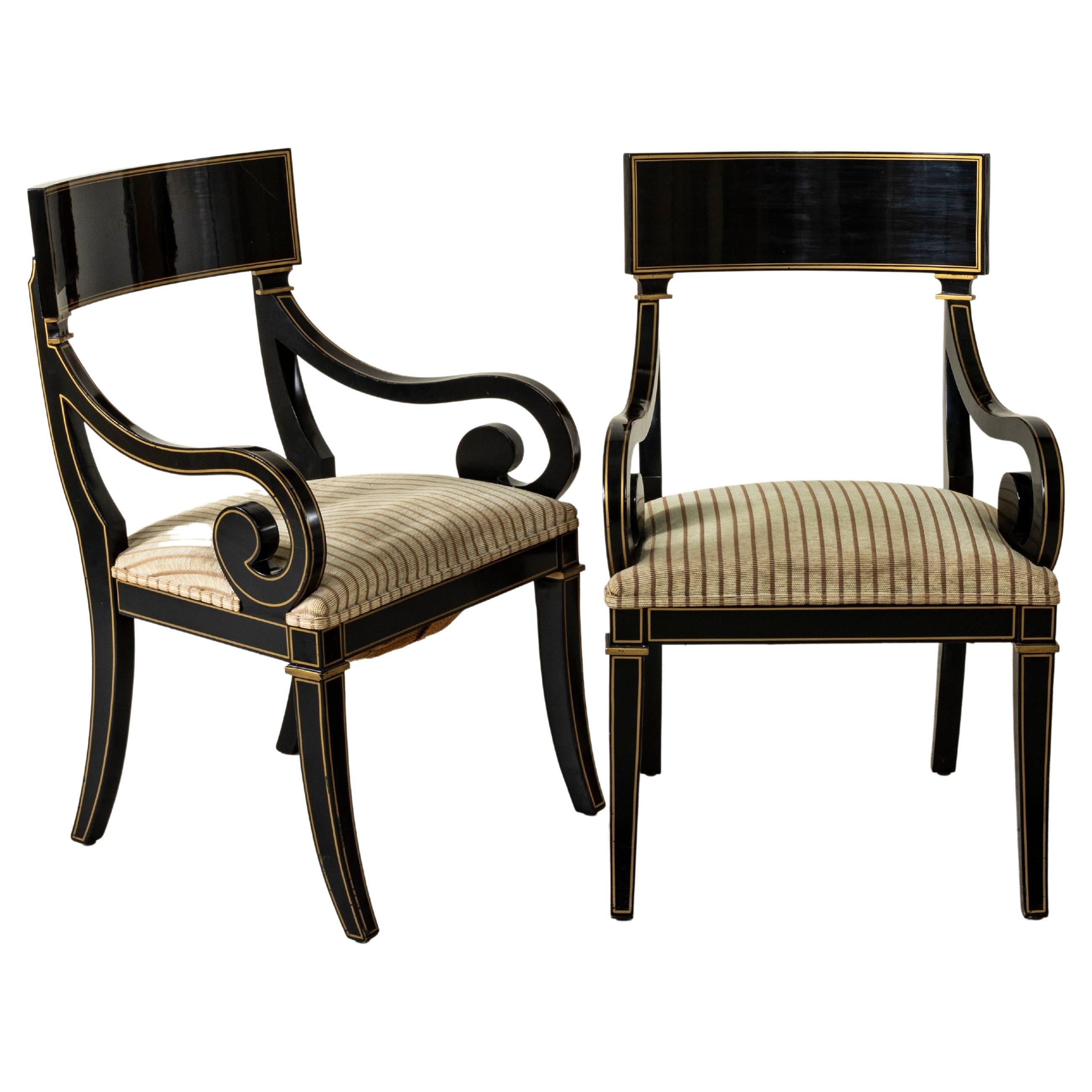 Pair of 20th Century French Restauration Style Painted Black and Gold Armchairs
