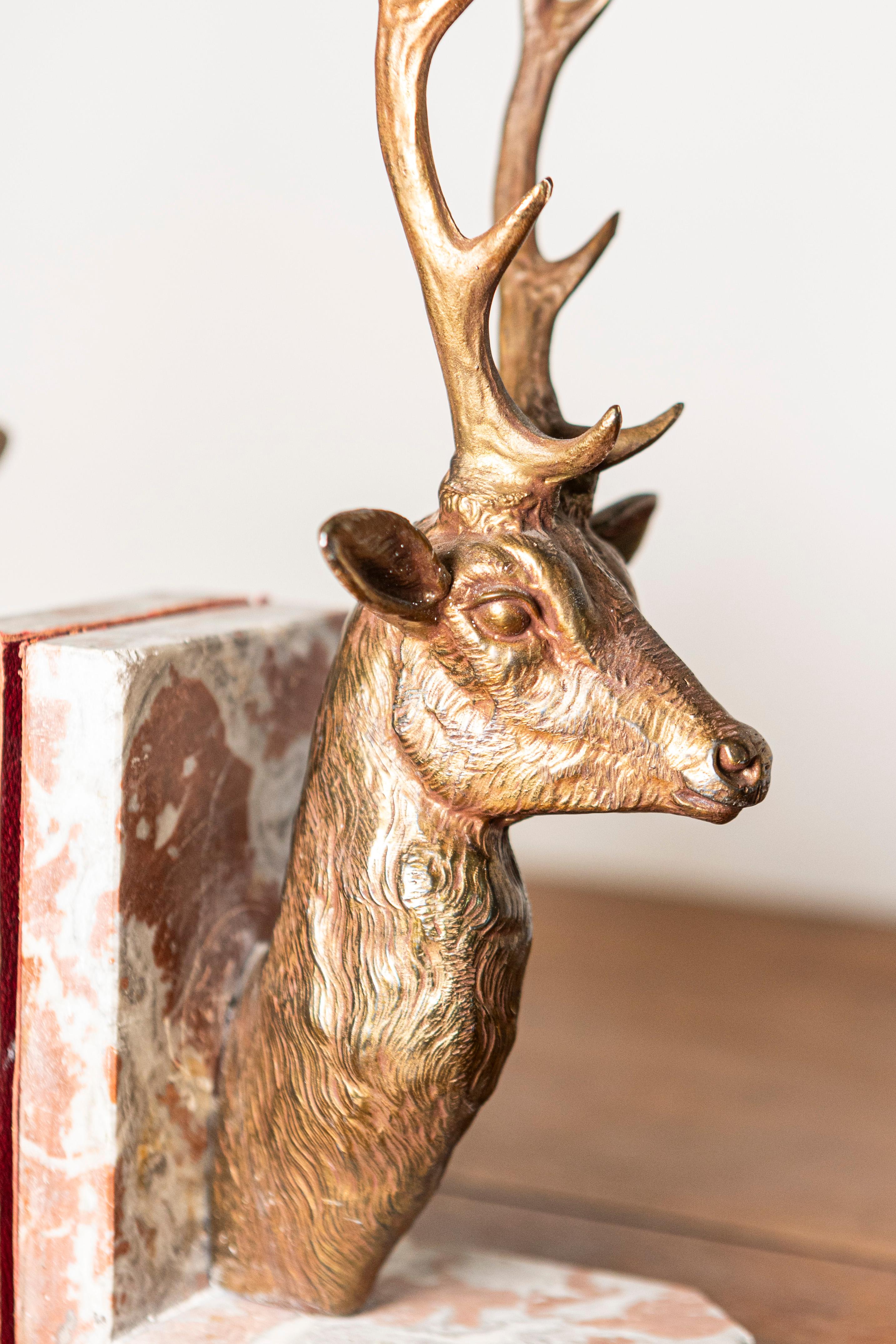 Gilt Pair of 20th-Century French Stag Bookends in Gilded Metal and Marble For Sale