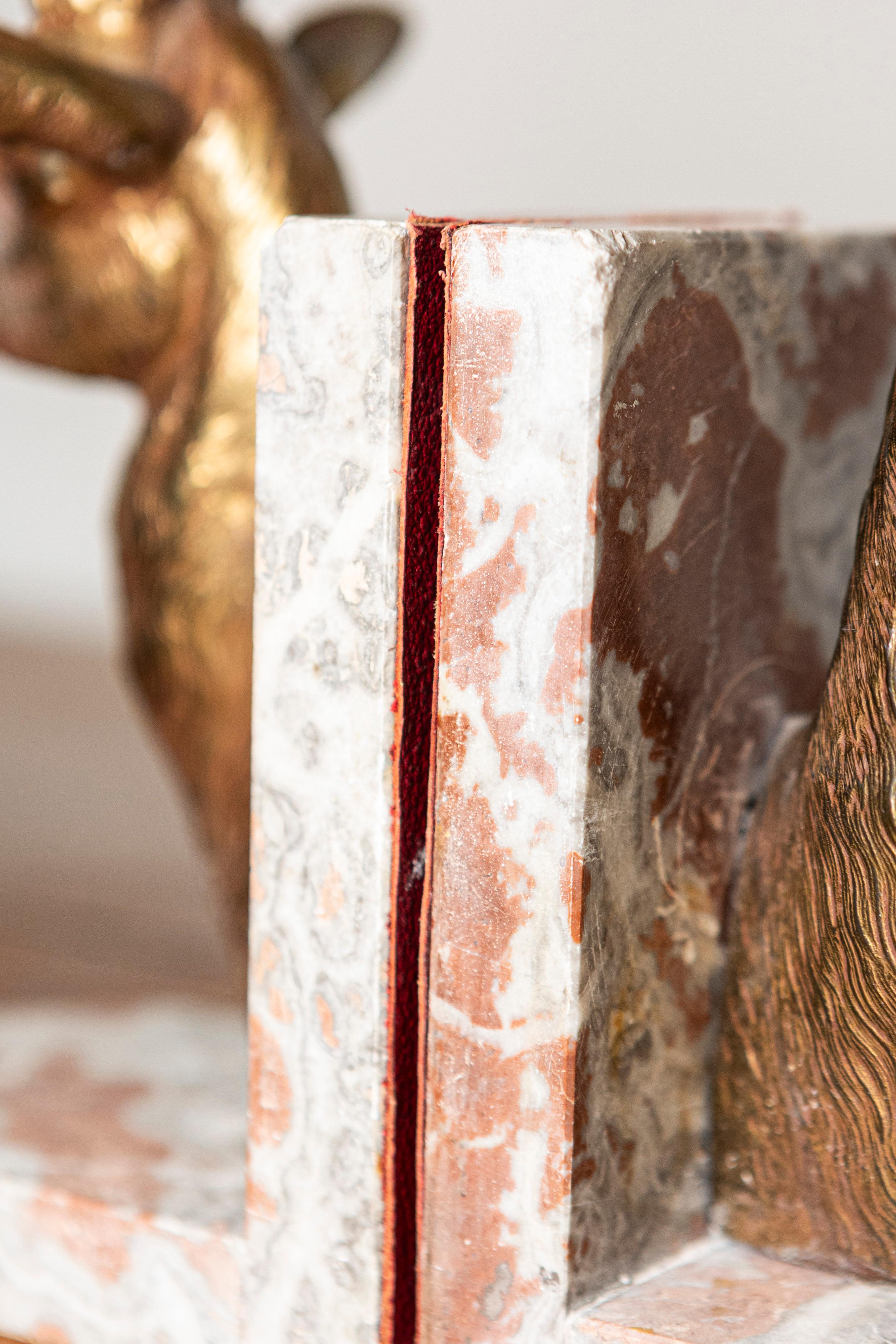 Pair of 20th-Century French Stag Bookends in Gilded Metal and Marble In Good Condition For Sale In Atlanta, GA
