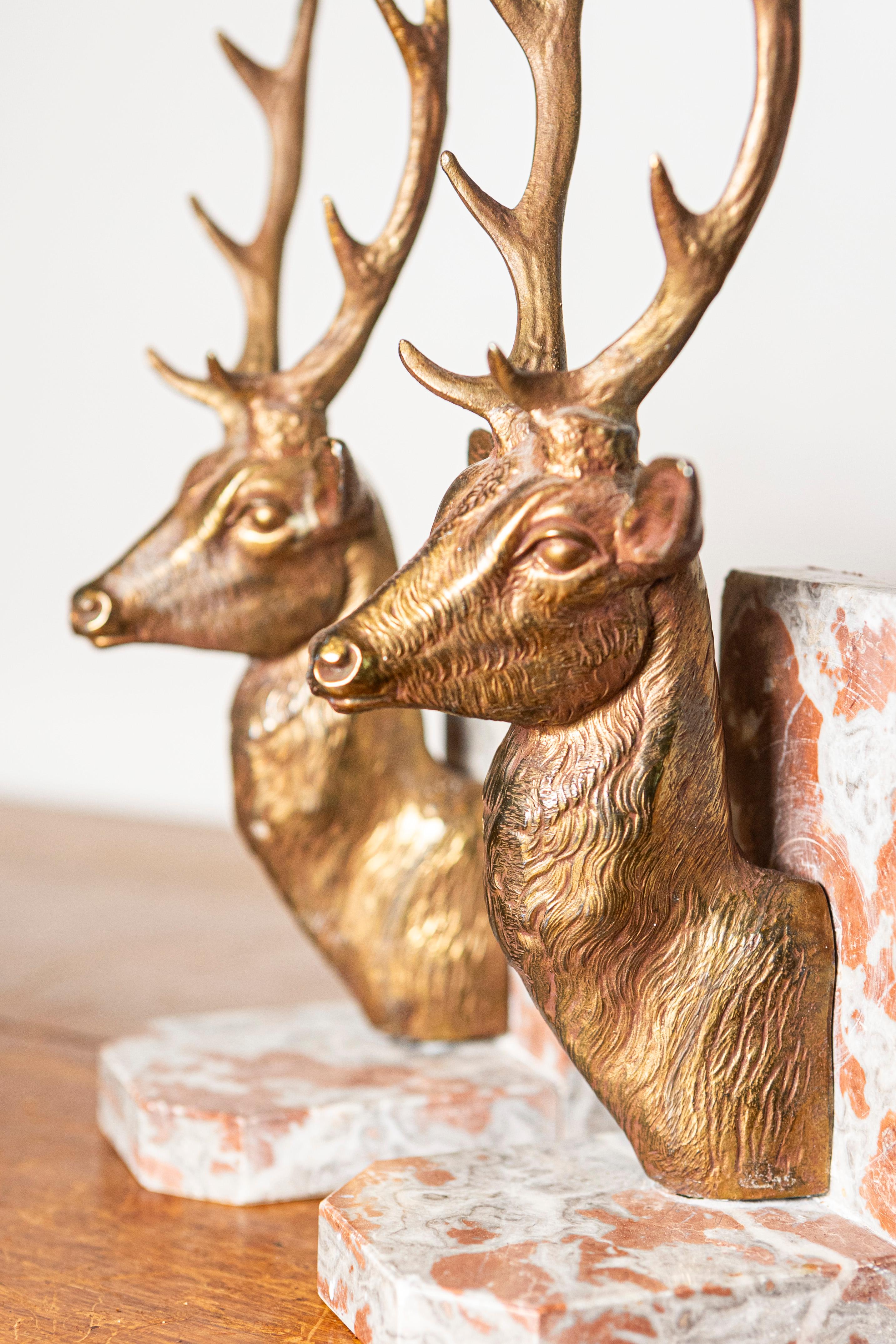 20th Century Pair of 20th-Century French Stag Bookends in Gilded Metal and Marble For Sale