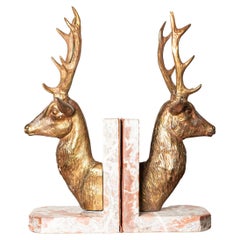 Pair of 20th-Century French Stag Bookends in Gilded Metal and Marble