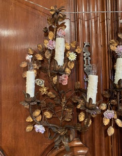 Pair of 20th Century French Tole and Porcelain Flowers Three-Light Sconces