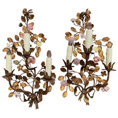 Antique Pair of 20th Century French Tole and Porcelain Flowers Three-Light Sconces 