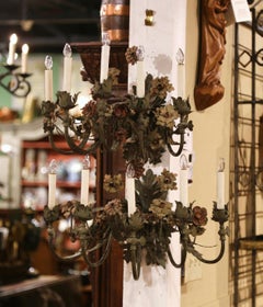 Pair of 20th Century French Tole Flowers and Leaves Five-Light Sconces