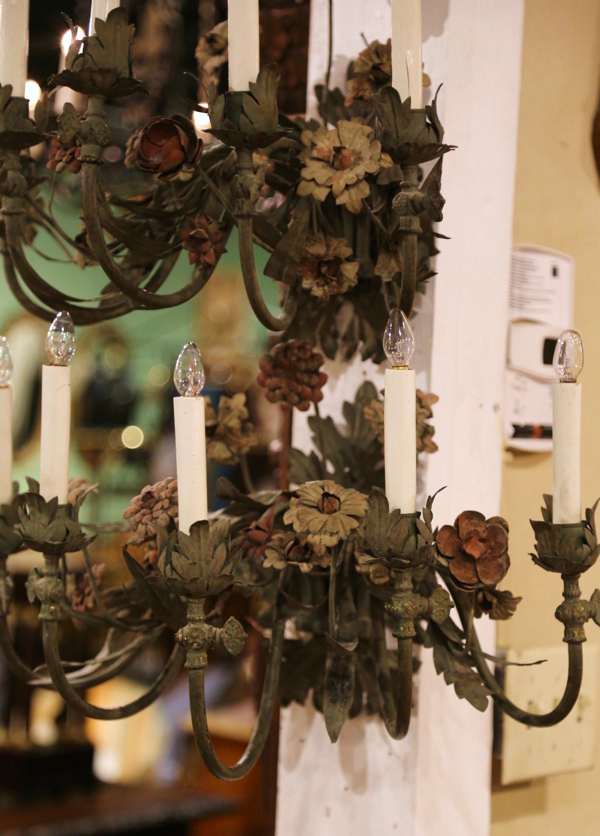 Hand-Crafted Pair of 20th Century French Tole Flowers and Leaves Five-Light Sconces For Sale