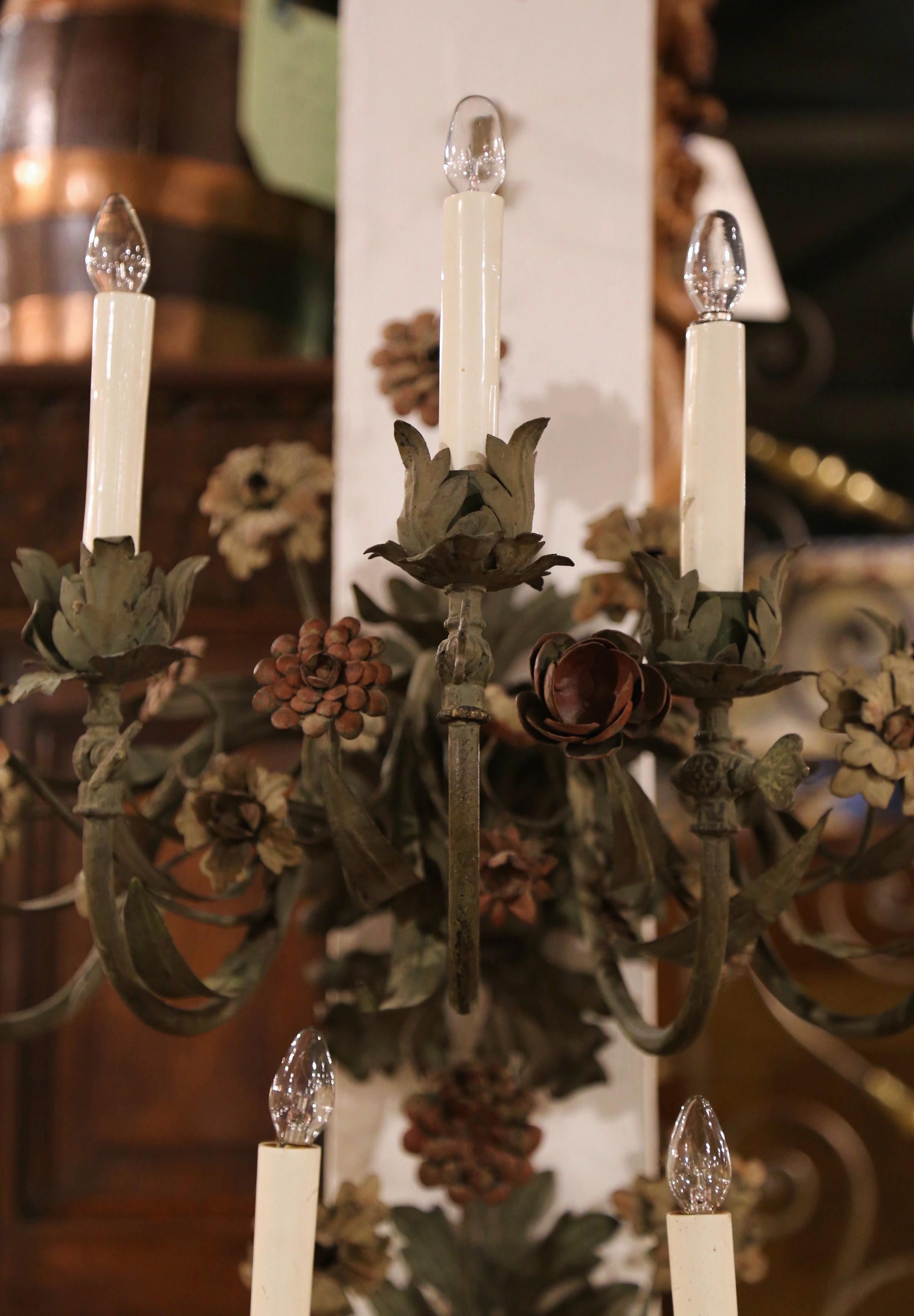 Pair of 20th Century French Tole Flowers and Leaves Five-Light Sconces For Sale 1