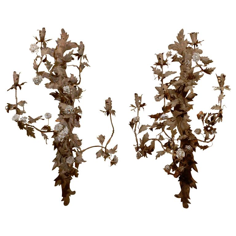 Pair of 20th Century French Tole Sconces with Porcelain Flowers