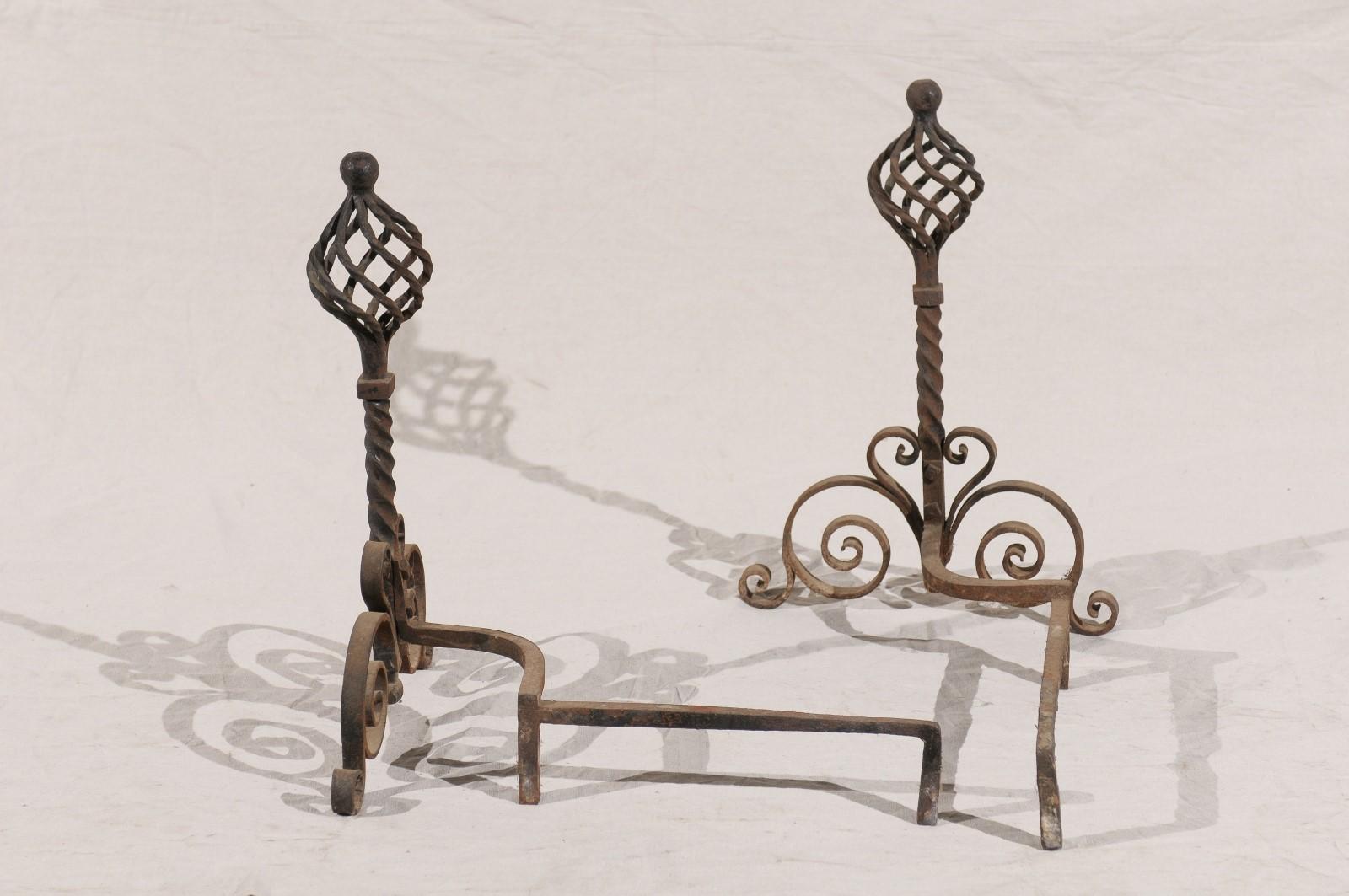 Pair of 20th Century French Twist Andirons with Ball Finial, Scroll Bases For Sale 6