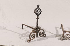 Pair of 20th Century French Twist Andirons with Ball Finial, Scroll Bases