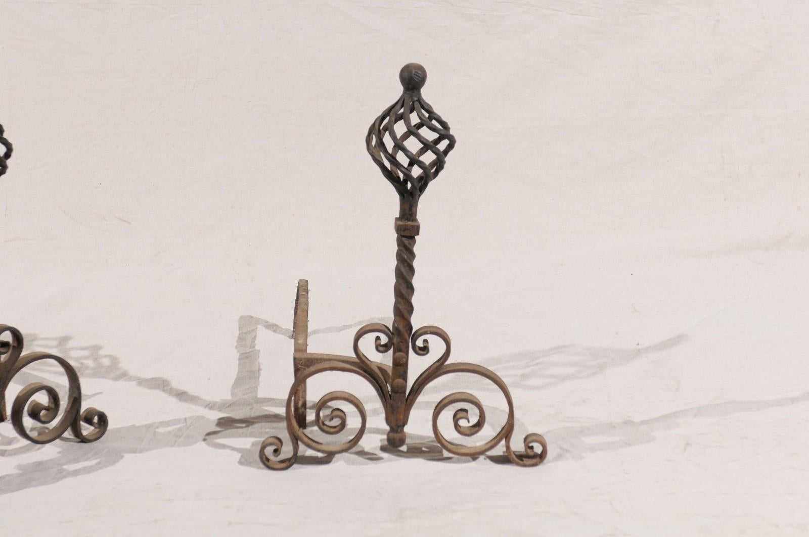 Pair of 20th Century French Twist Andirons with Ball Finial, Scroll Bases In Good Condition For Sale In Atlanta, GA
