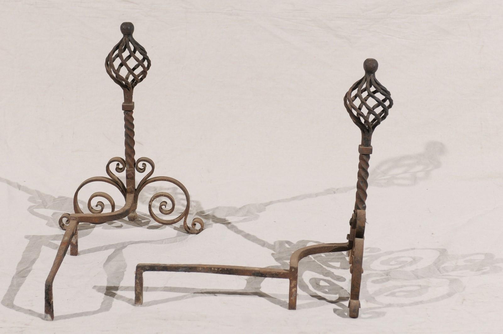 Iron Pair of 20th Century French Twist Andirons with Ball Finial, Scroll Bases For Sale