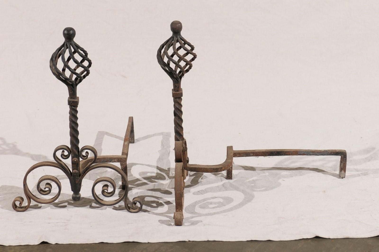 Pair of 20th Century French Twist Andirons with Ball Finial, Scroll Bases For Sale 1