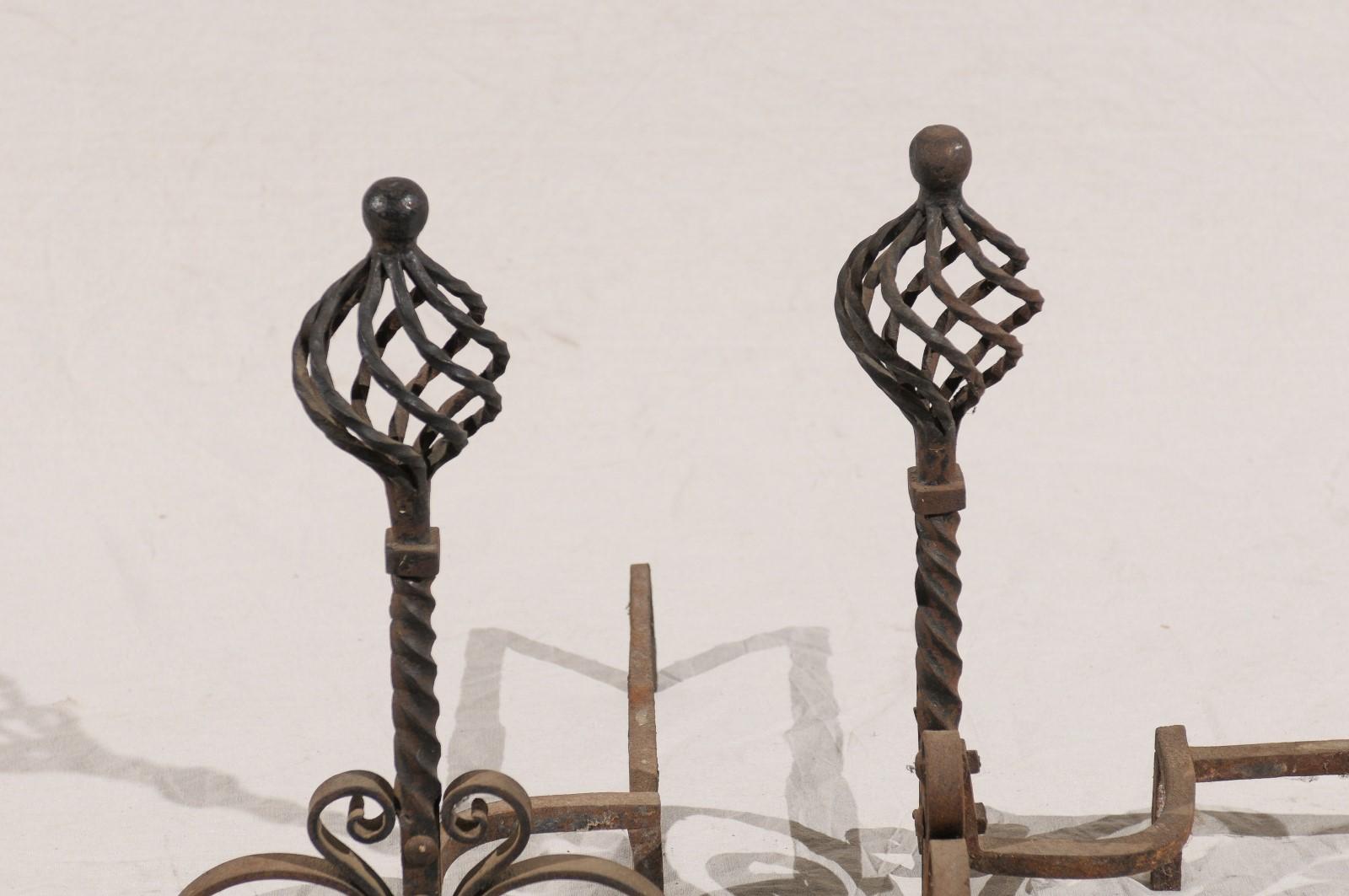 Pair of 20th Century French Twist Andirons with Ball Finial, Scroll Bases For Sale 2