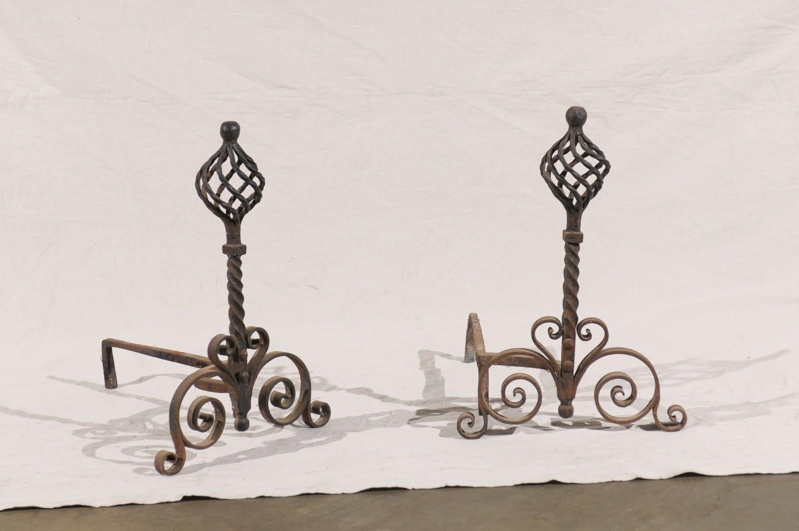 Pair of 20th Century French Twist Andirons with Ball Finial, Scroll Bases For Sale 4