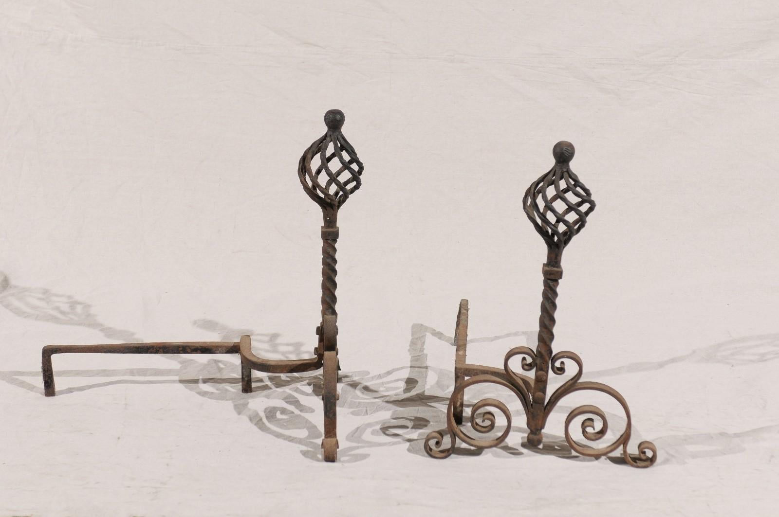 Pair of 20th Century French Twist Andirons with Ball Finial, Scroll Bases For Sale 5