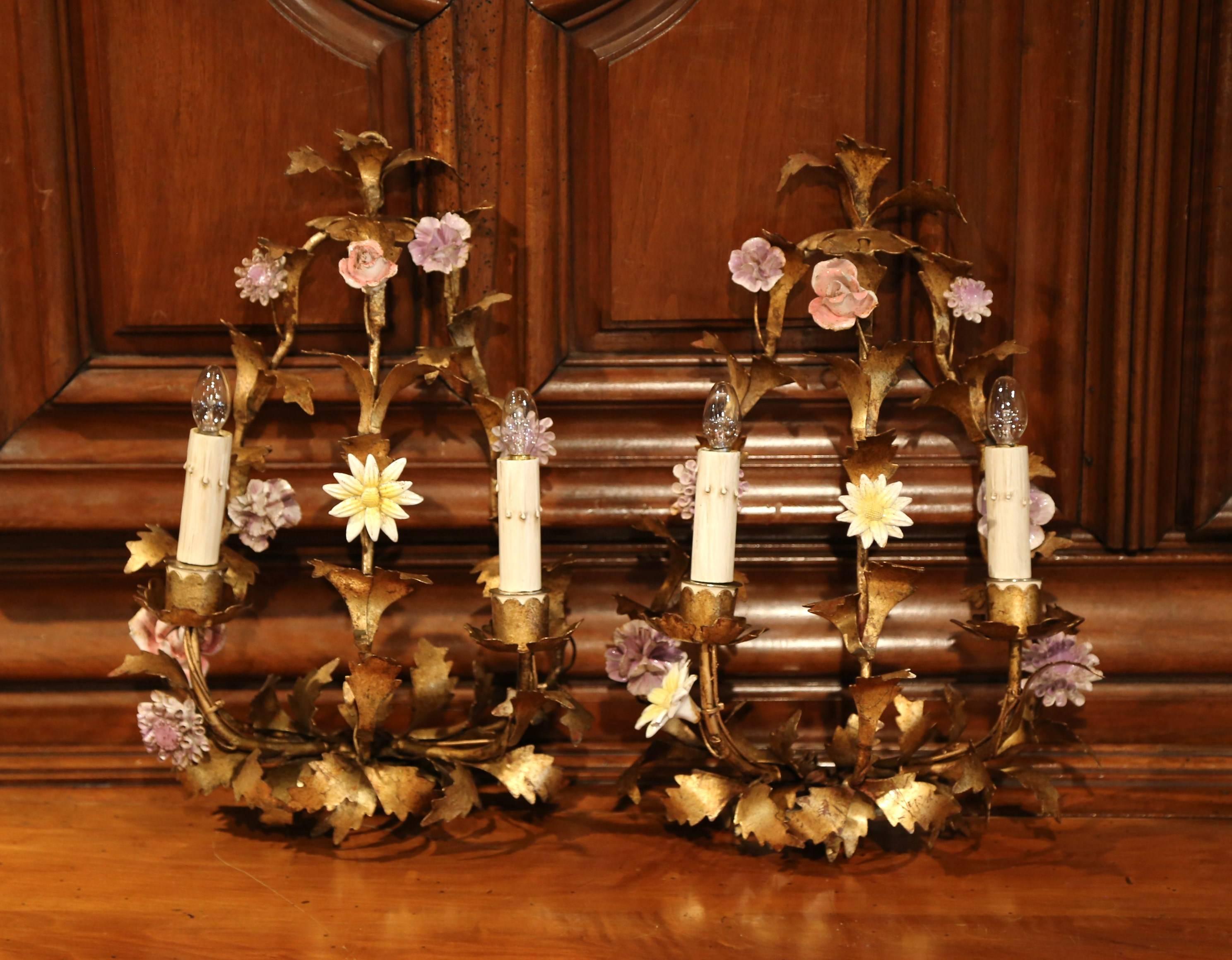 Pair of 20th Century French Two-Light Metal Wall Sconces with Porcelain Flowers In Excellent Condition In Dallas, TX