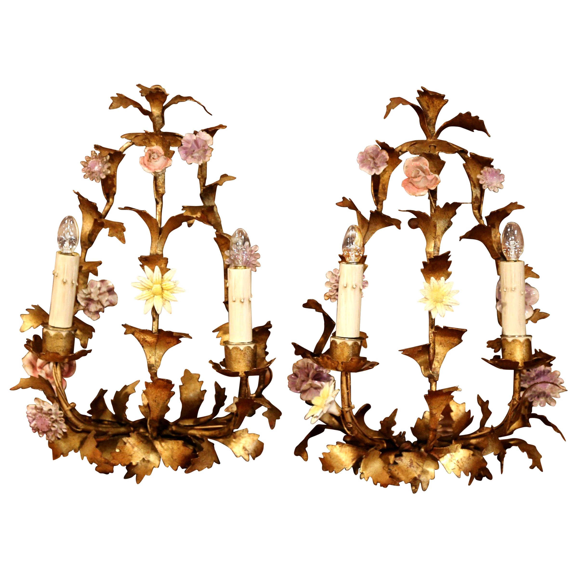 Pair of 20th Century French Two-Light Metal Wall Sconces with Porcelain Flowers