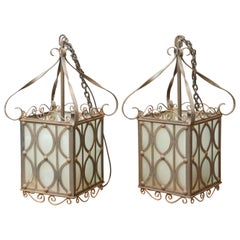 Antique Pair of 20th Century Frosted Glass Hanging Lantern