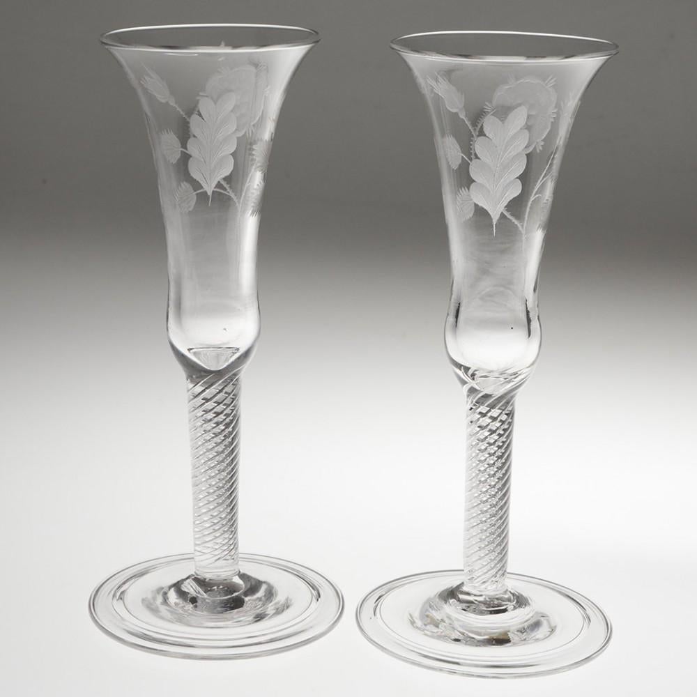 George III Pair of 20th Century Georgian Style Jacobite Engraved Champagne Flutes c1935