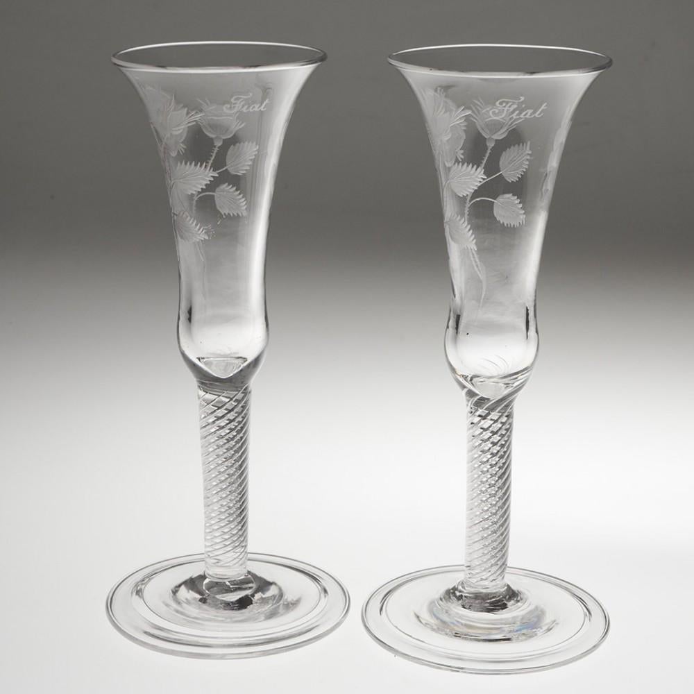 British Pair of 20th Century Georgian Style Jacobite Engraved Champagne Flutes c1935