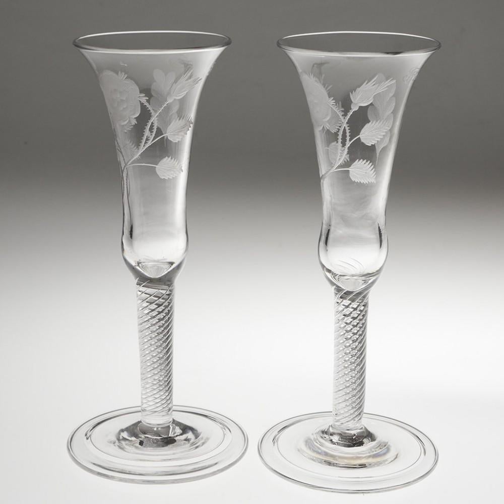 Pair of 20th Century Georgian Style Jacobite Engraved Champagne Flutes c1935 In Good Condition In Tunbridge Wells, GB