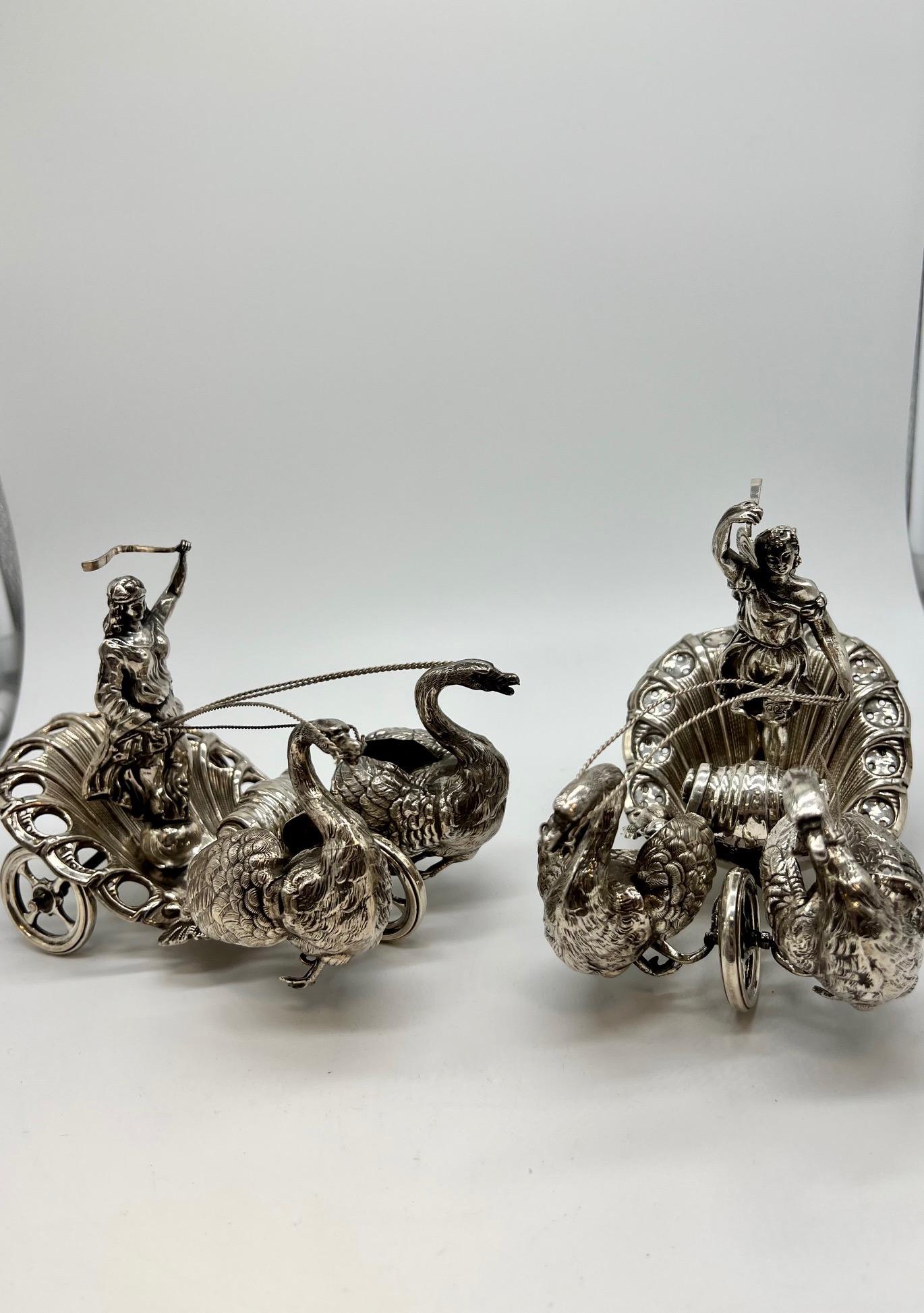 Pair of 20th Century German Silver Swan Drawn Chariot with Robed Driver Stamped For Sale 5