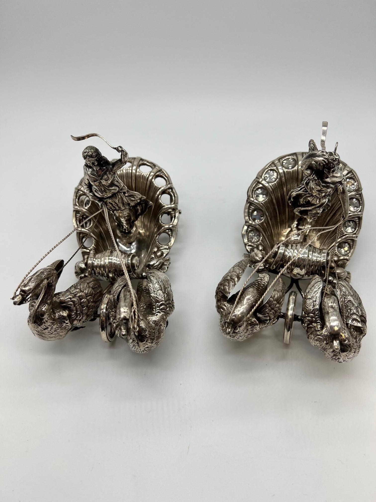 Pair of 20th Century German Silver Swan Drawn Chariot with Robed Driver Stamped For Sale 7