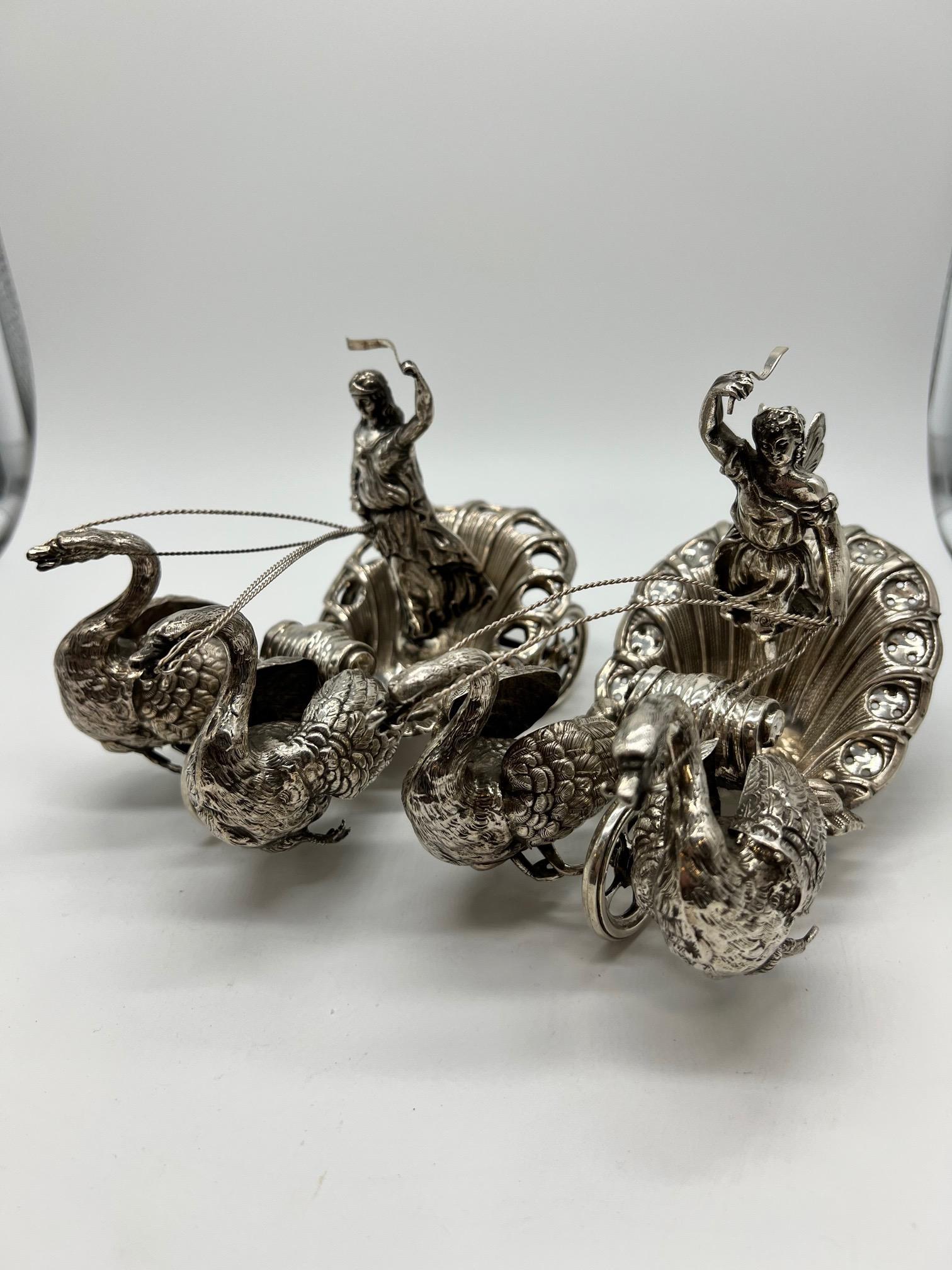 Pair of 20th Century German Silver Swan Drawn Chariot with Robed Driver Stamped For Sale 8