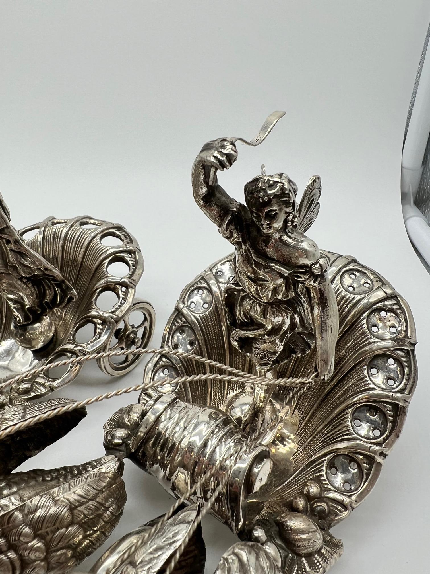 Pair of 20th Century German Silver Swan Drawn Chariot with Robed Driver Stamped For Sale 9
