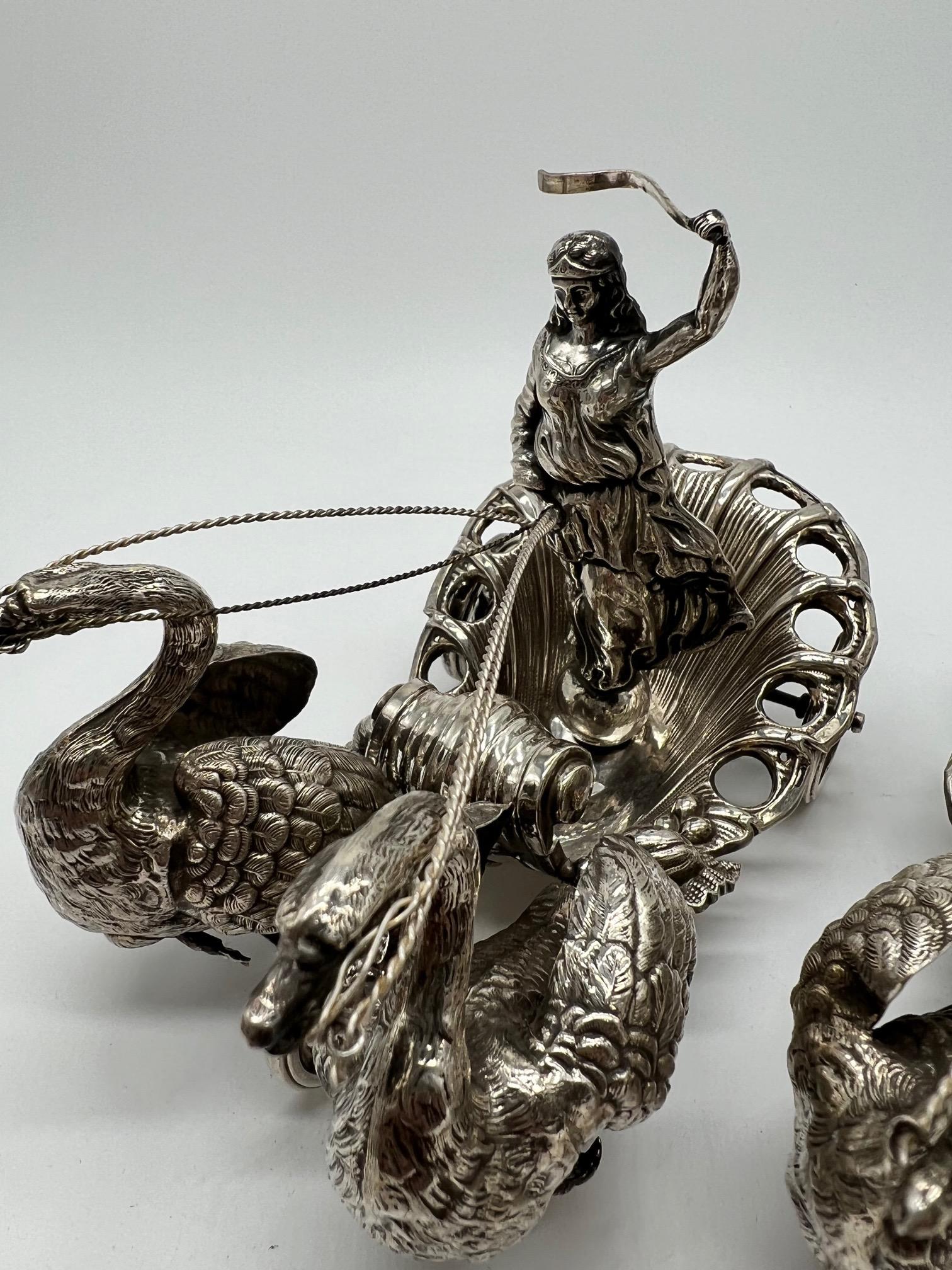Pair of 20th Century German Silver Swan Drawn Chariot with Robed Driver Stamped For Sale 10