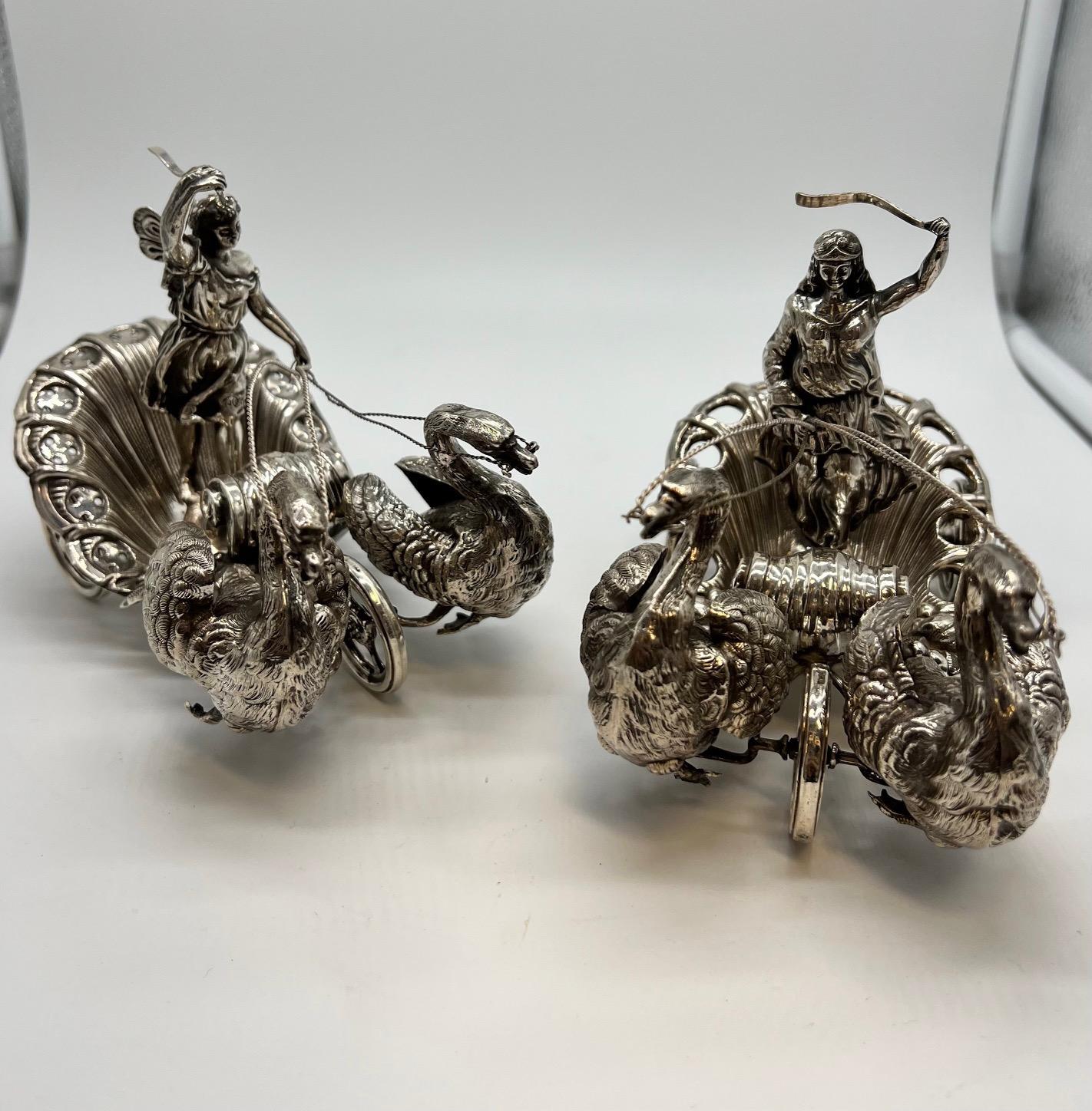 Pair of 20th Century German Silver Swan Drawn Chariot with Robed Driver Stamped For Sale 12