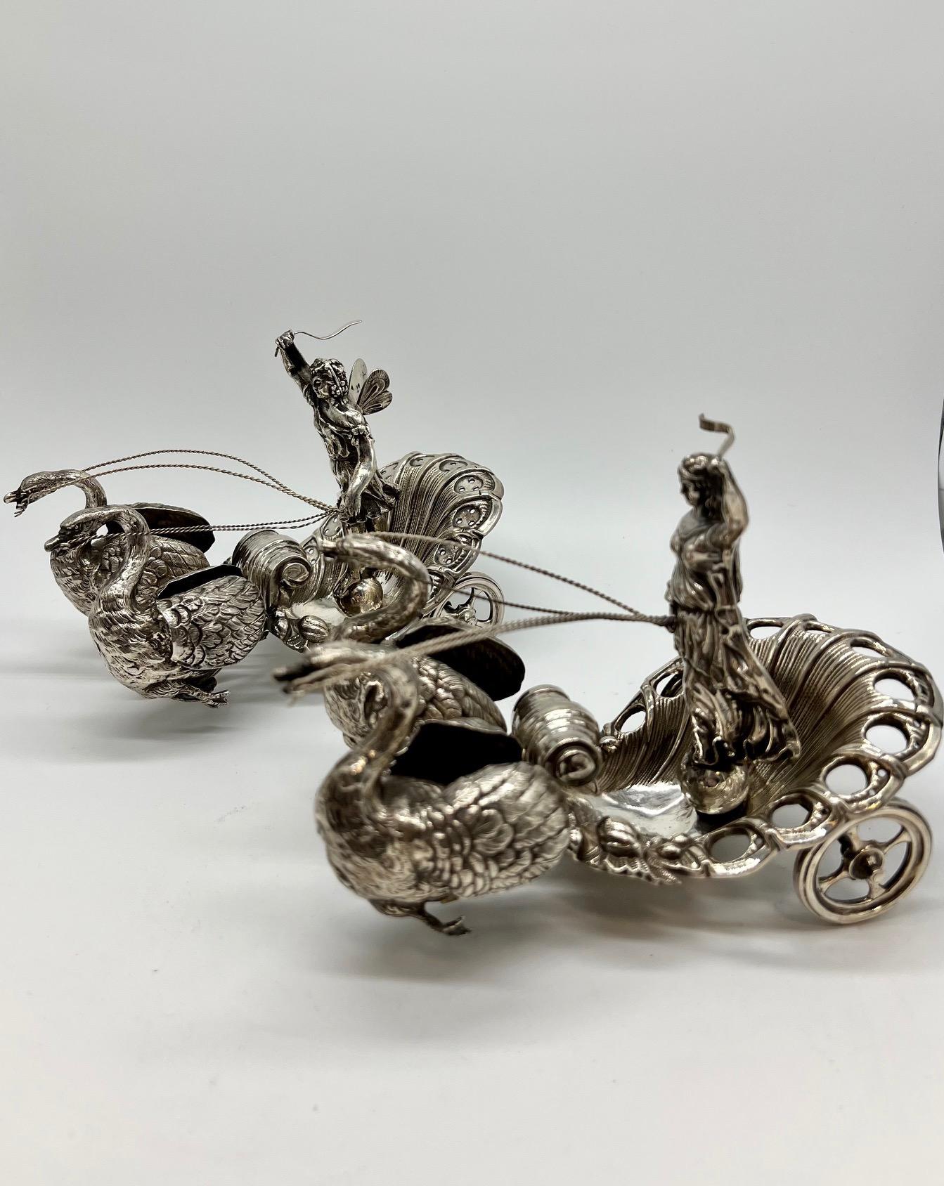Pair of 20th century German silver swan drawn chariot with robed driver stamped, marked 